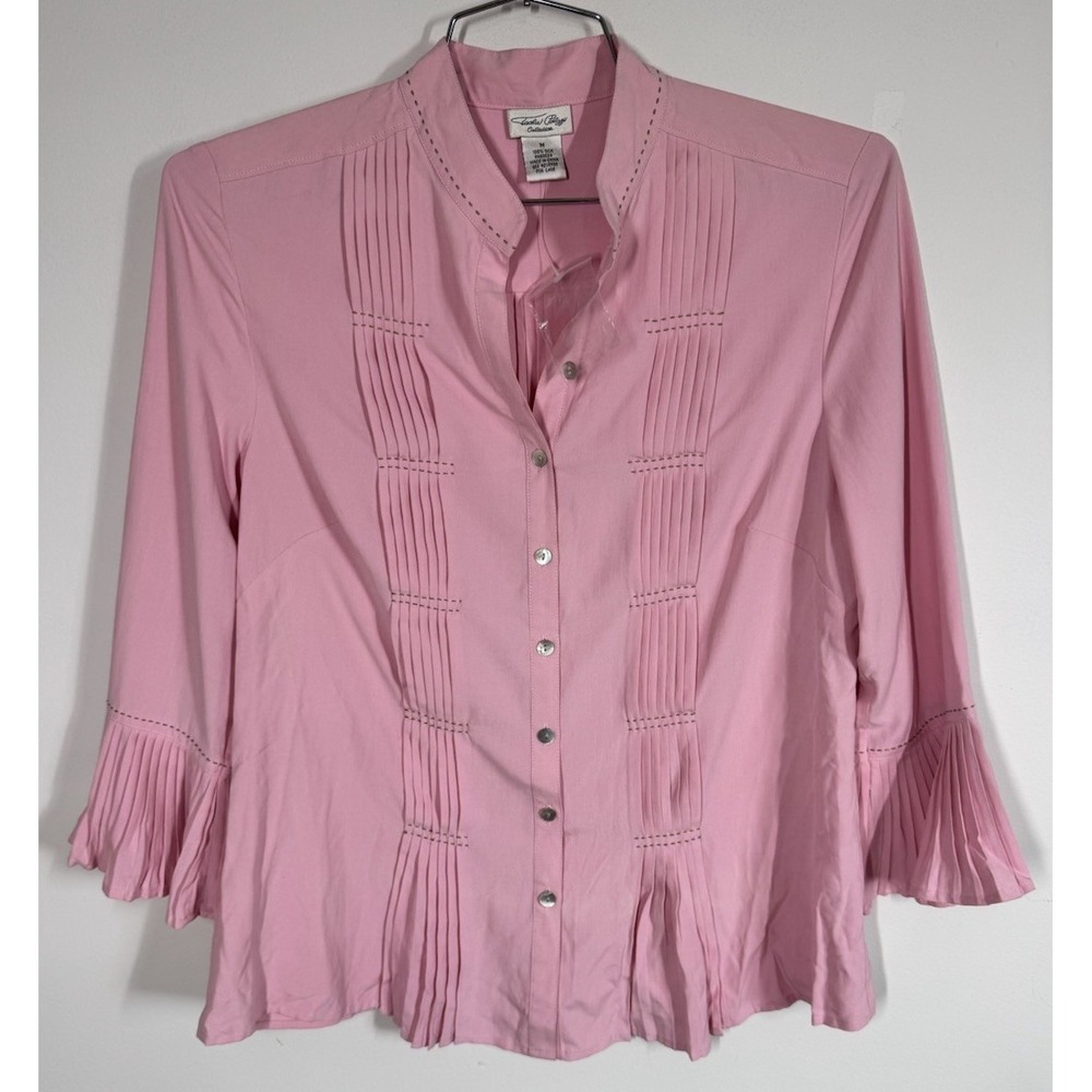 Tosha Polizzi Pink 100% Silk‎ Long Sleeve Button Up Blouse Size M Pintuck Pleats